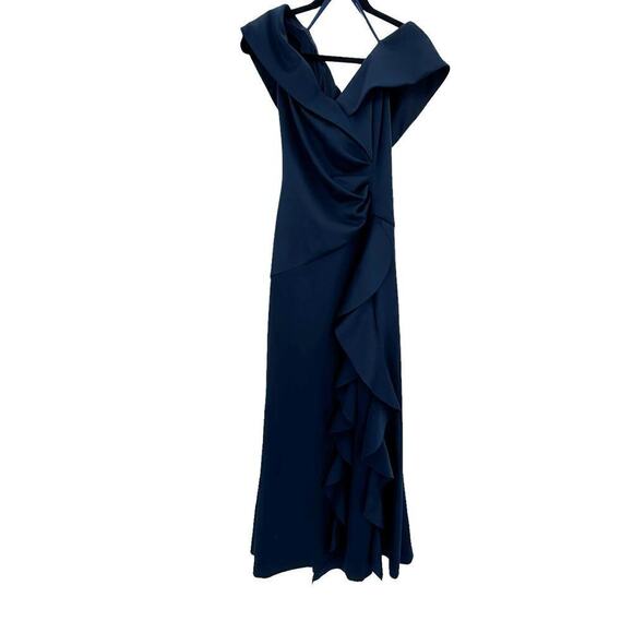 XSCAPE Ruffle Off the Shoulder Scuba Knit Gown Midnight Blue Size 12 NWOT - Picture 9 of 11